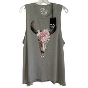 NWT Chaser "Floral Cowskull" Muscle Tank Top, Gray, Women's Medium